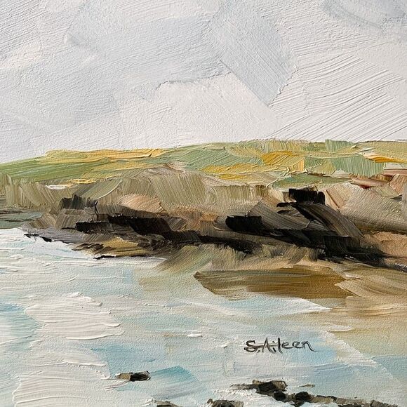 Gold Framed Original Oil Painting Coastal Seascape Blue Sky Water 14x17" Signed - Picture 6 of 10